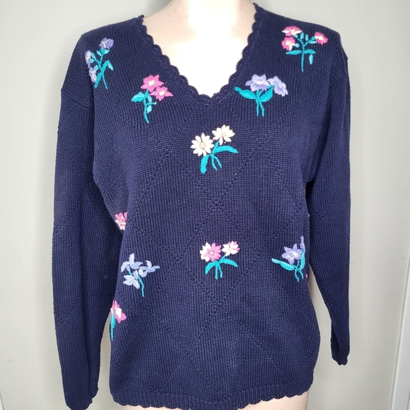 Vintage 1990s Northern Reflections Cotton Floral Embroidered Sweater Size Medium - Picture 1 of 6